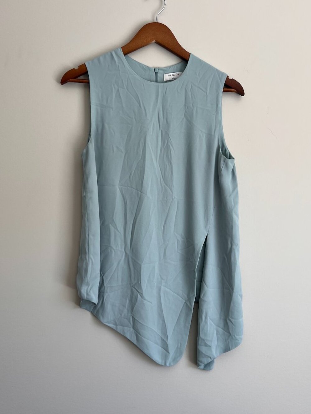 Aritzia Babaton Hopkins Blouse Pale Blue Asymmetrical Tie Hem Size S